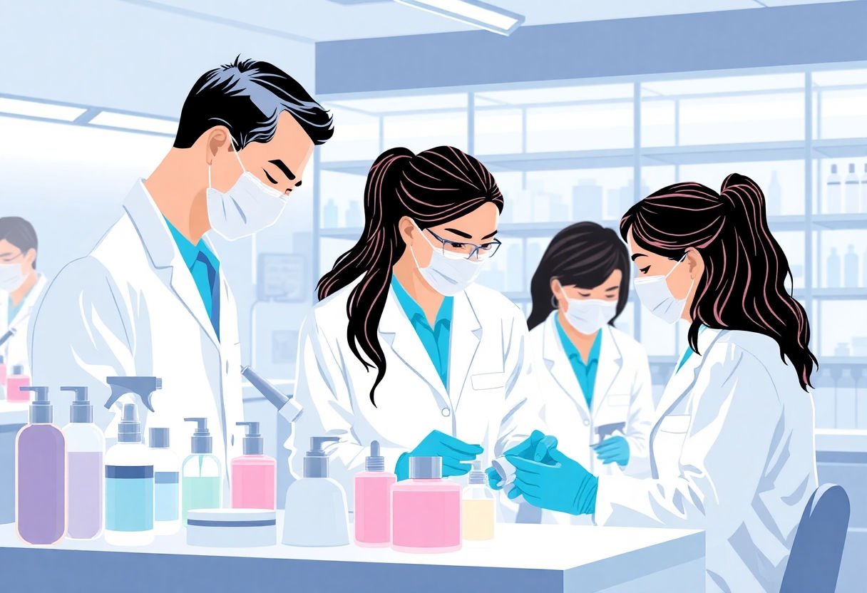 Researchers conducting skincare studies in a lab