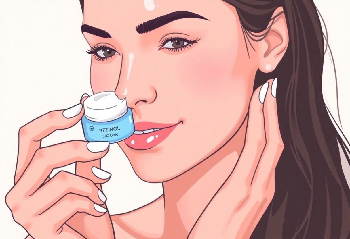 Attractive woman applying retinol cream on her face