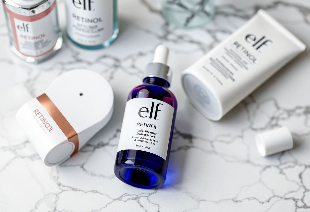 Elf Retinol bottle on a marble surface with skincare products