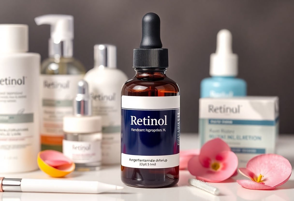 Retinol bottle surrounded by other skin care items.