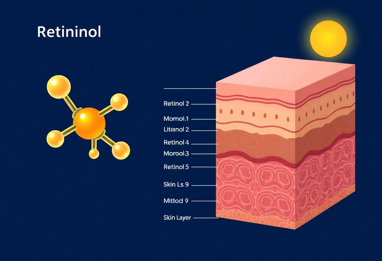 Diagram of retinol molecule and skin layers.