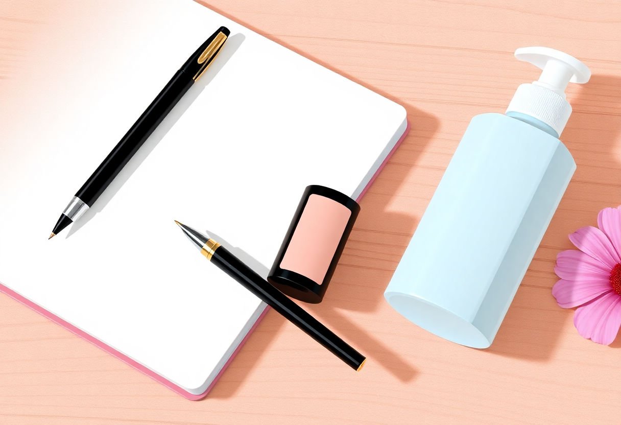 Journal and pen next to skin care products.