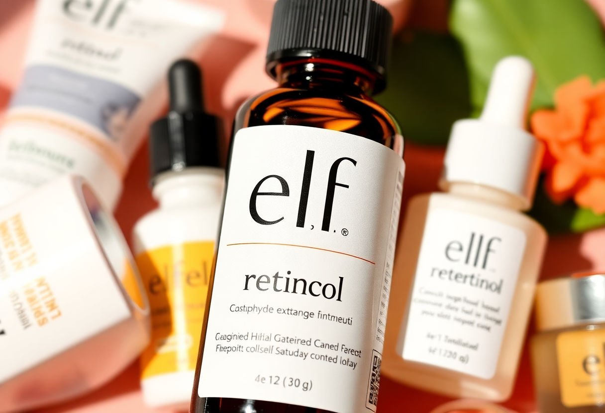 Close-up of Elf Retinol bottle with skincare products.