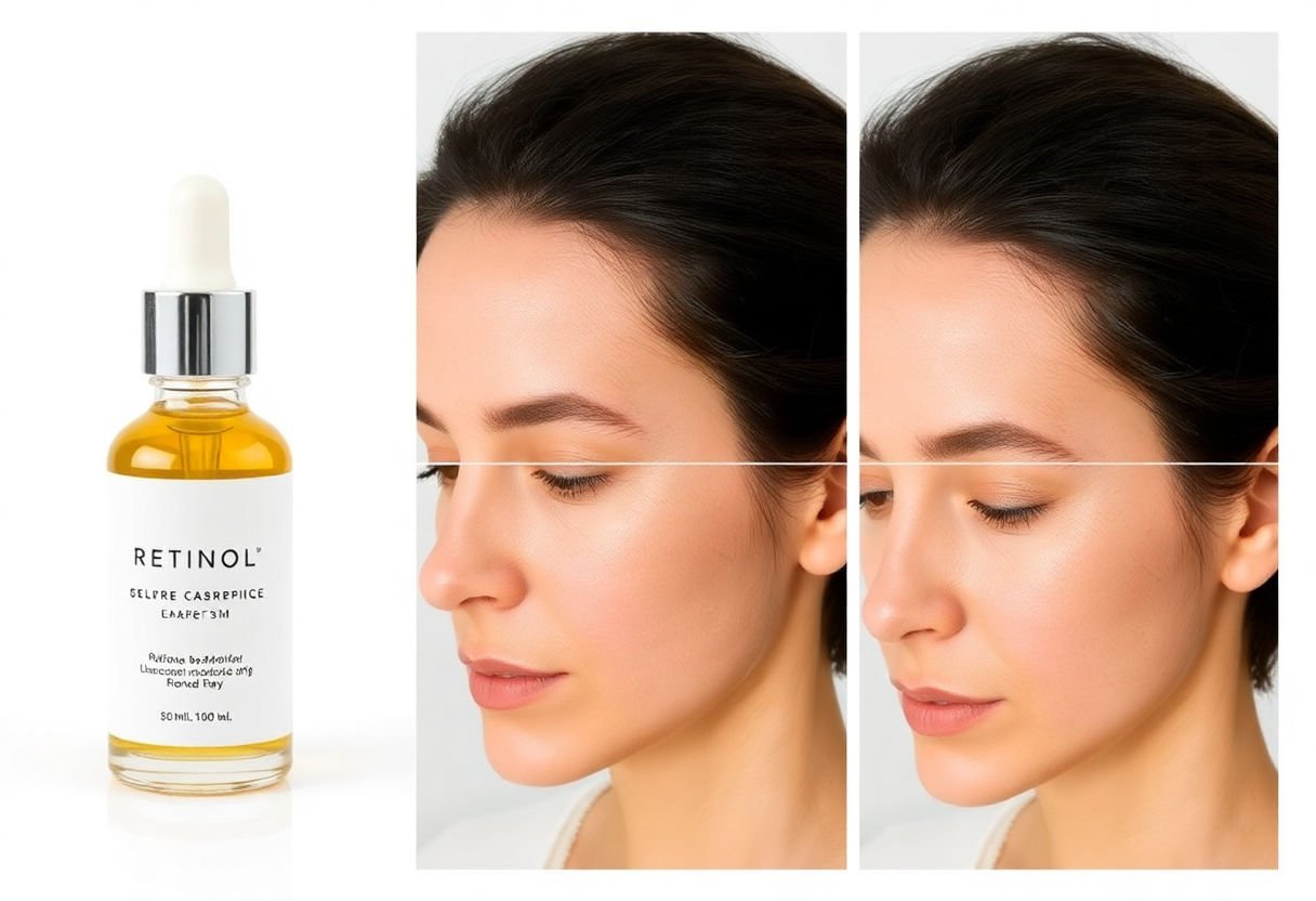 Retinol bottle alongside before and after images of skin transformation