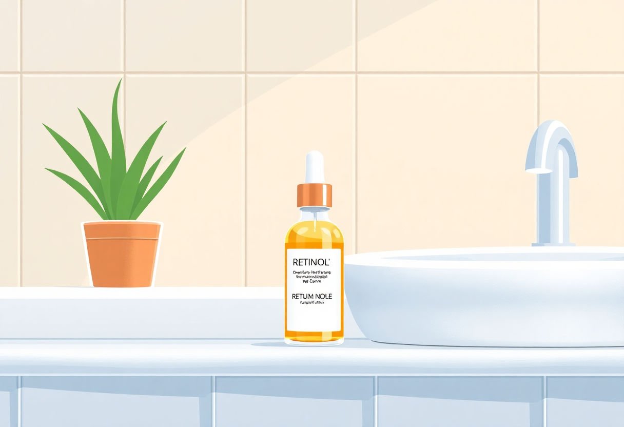 Retinol serum bottle on a bathroom shelf