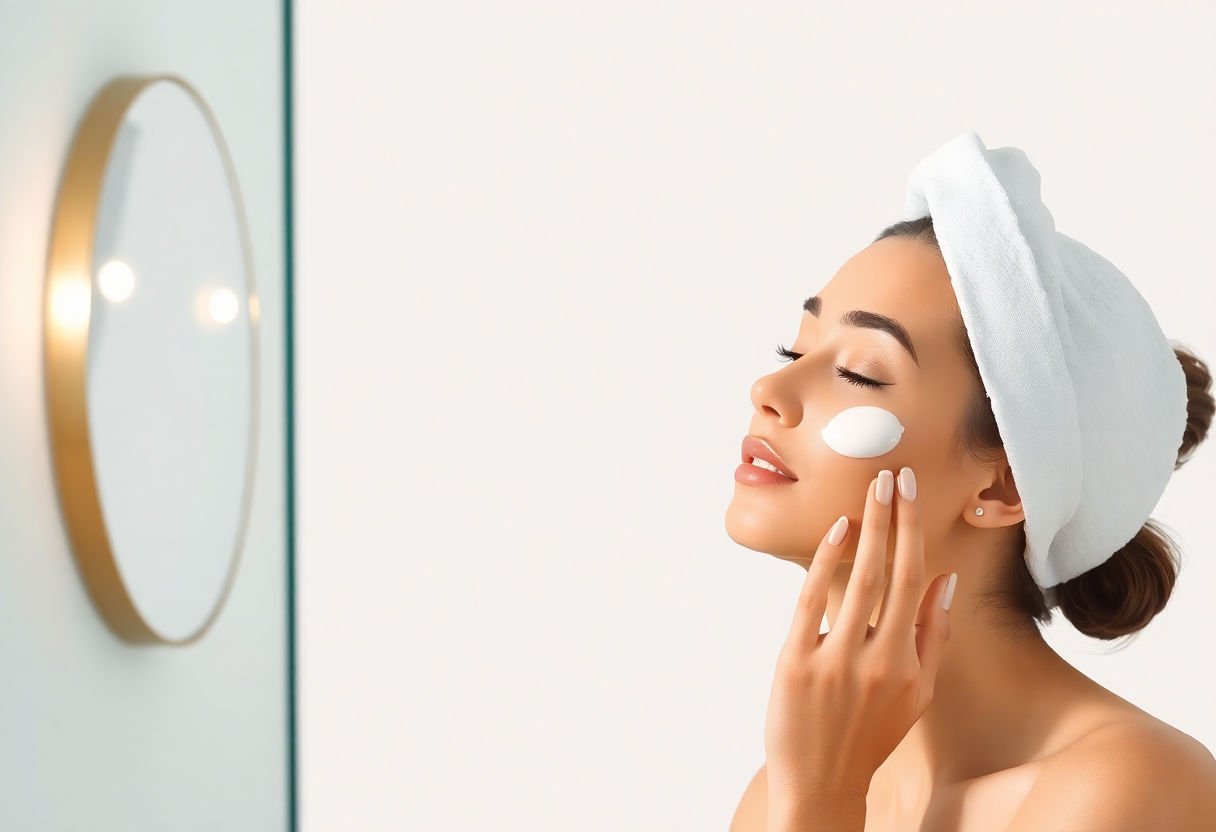 A woman applying skincare product